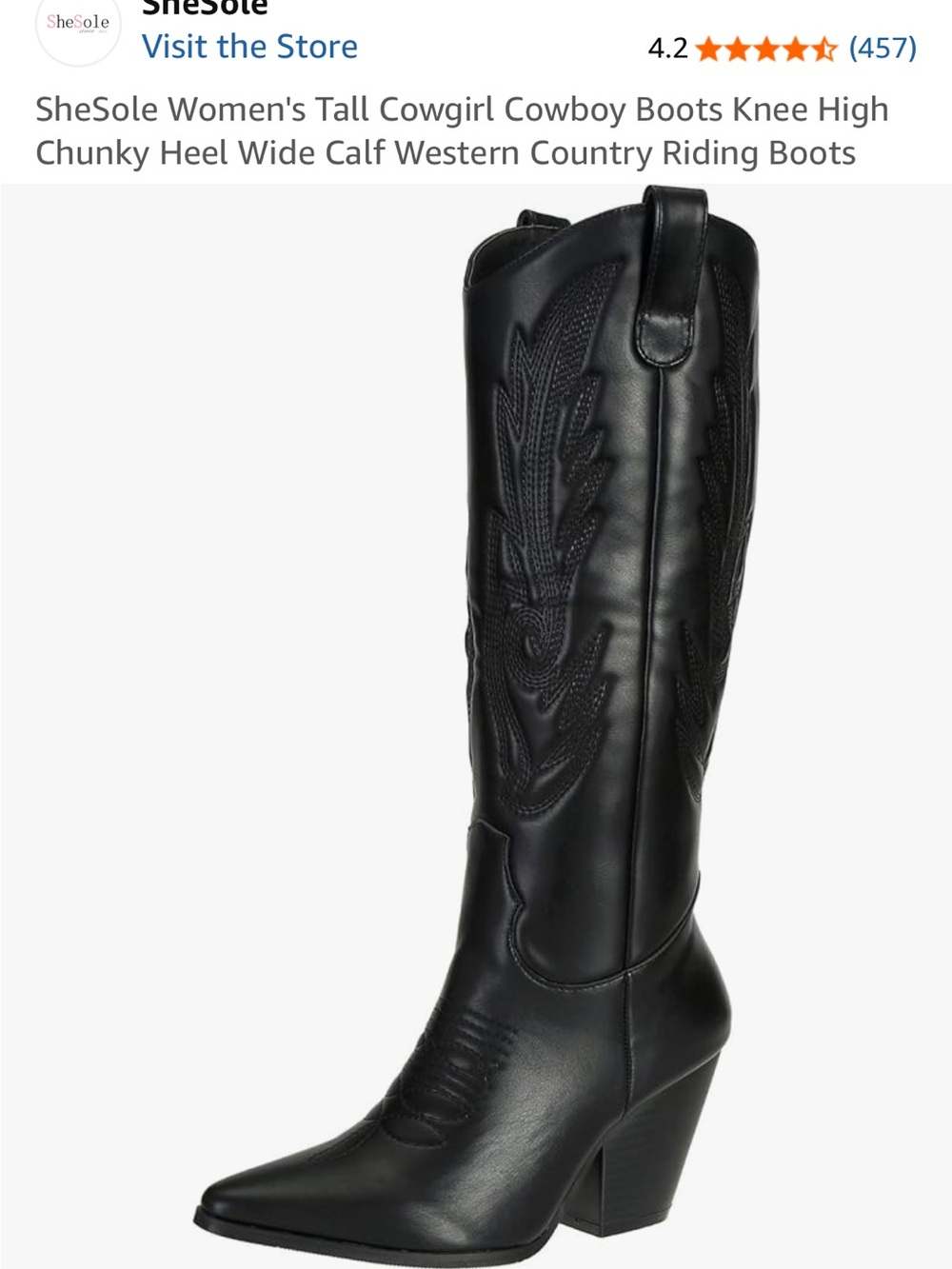 SheSole Black Tall Cowgirl Boots — Pointed Toe Chunky Heel Western Style